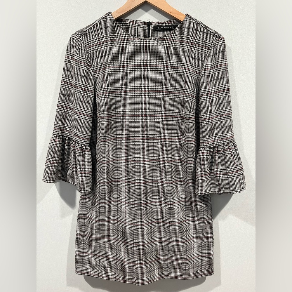 Zara‎ Women’s Plaid 3/4 Bell Sleeve Mini Shift Dress Size Small